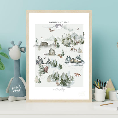 This intricate and delightful poster presents a "WOODLAND MAP" that tells a "winter story" through … for nursery