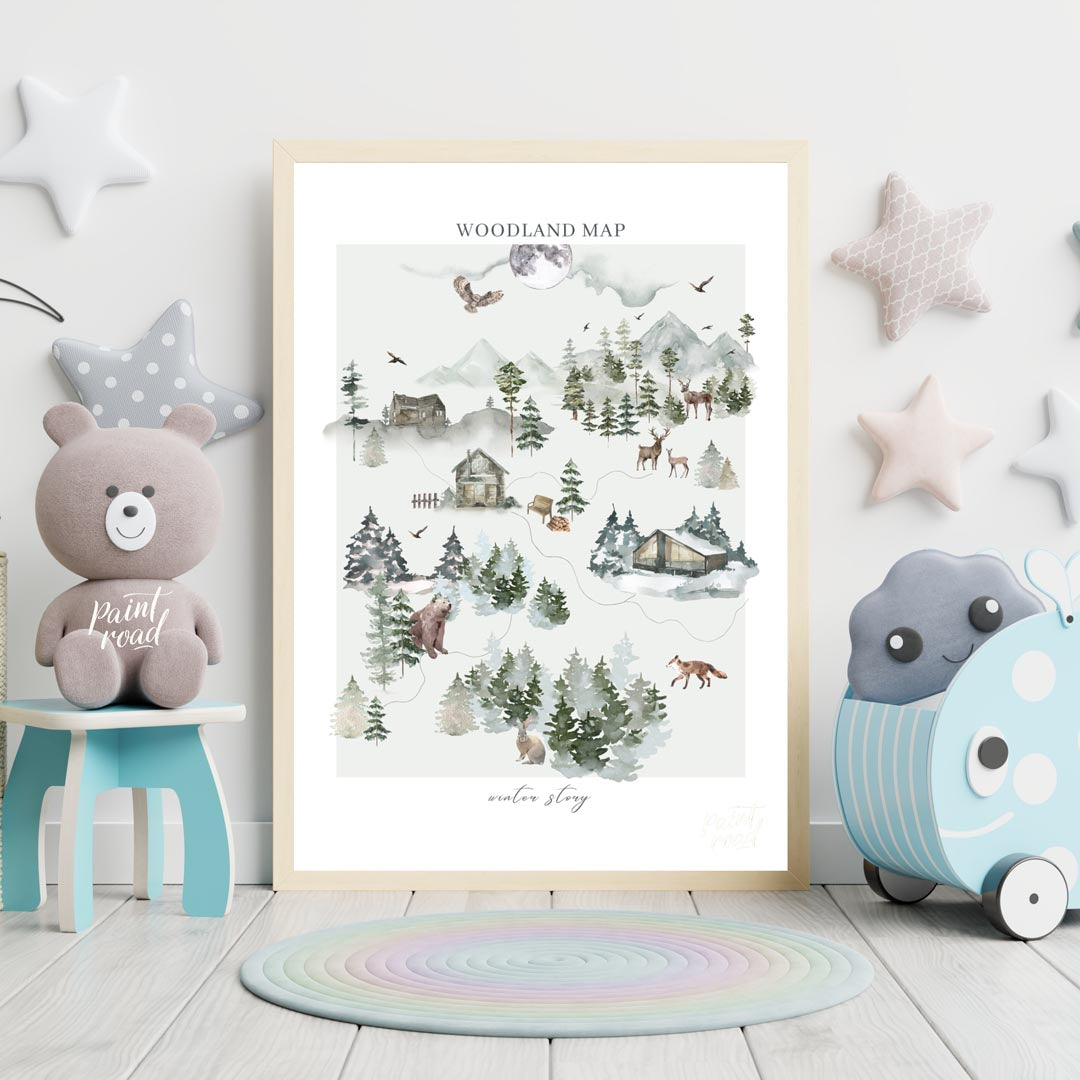 This intricate and delightful poster presents a "WOODLAND MAP" that tells a "winter story" through … for nursery