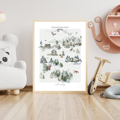 This intricate and delightful poster presents a "WOODLAND MAP" that tells a "winter story" through … for nursery