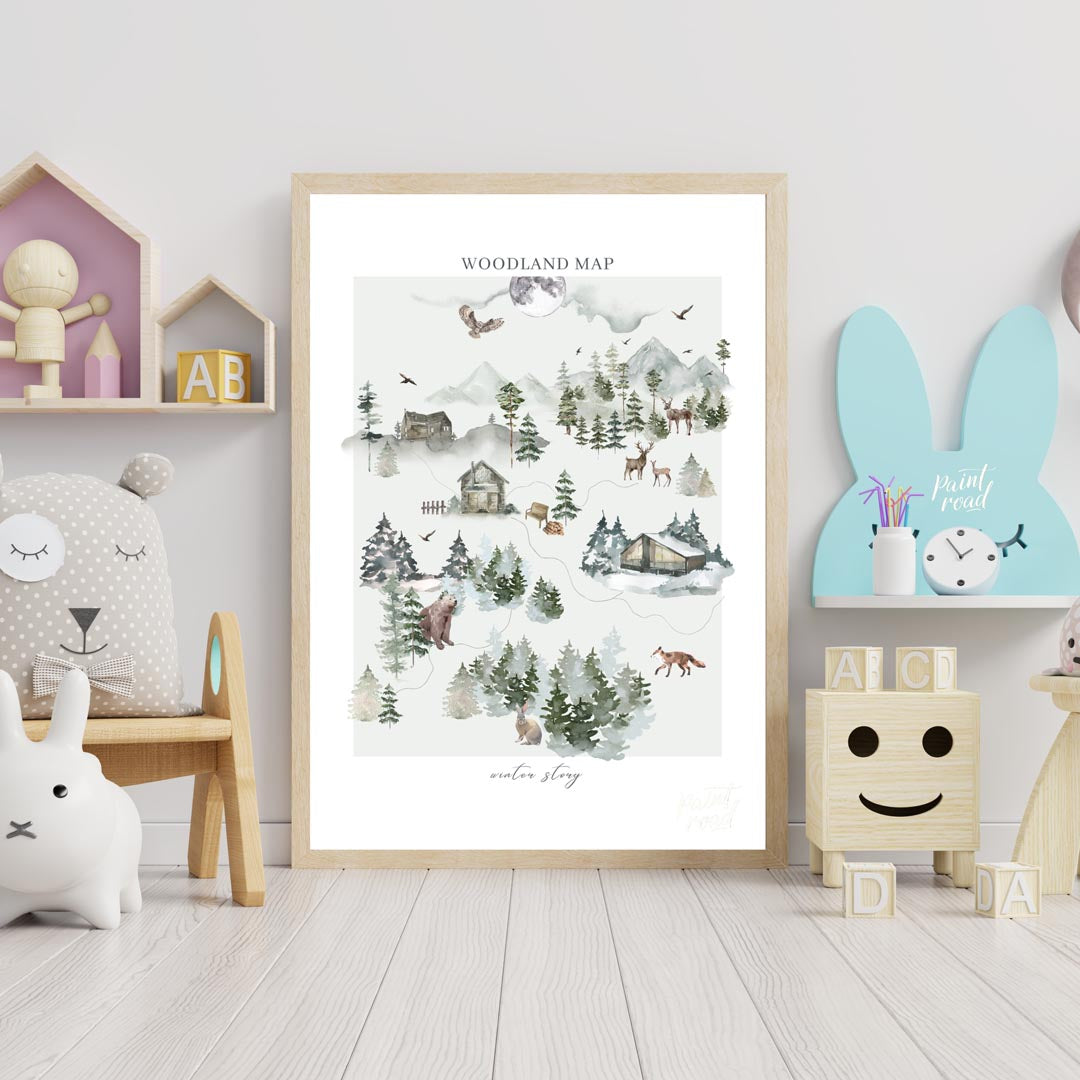 This intricate and delightful poster presents a "WOODLAND MAP" that tells a "winter story" through … for nursery