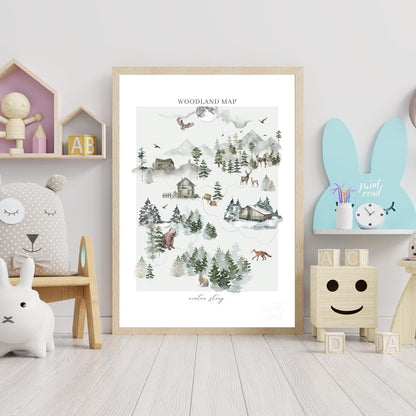 This intricate and delightful poster presents a "WOODLAND MAP" that tells a "winter story" through … for nursery
