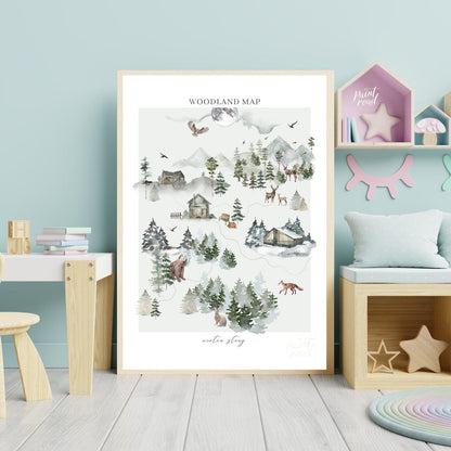 This intricate and delightful poster presents a "WOODLAND MAP" that tells a "winter story" through … for nursery