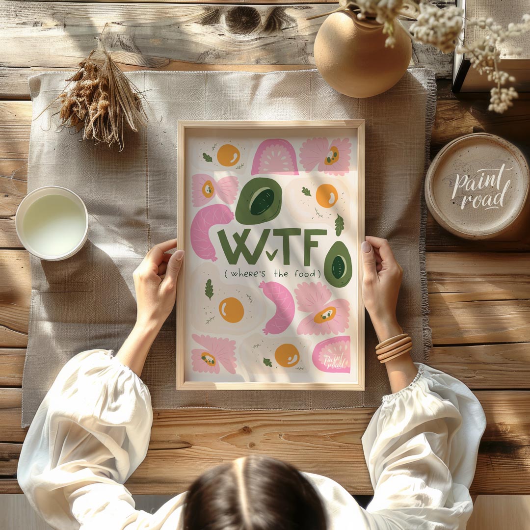 This whimsical and humorous poster features the bold, green acronym "WTF" with the clever subtitle … for dining room