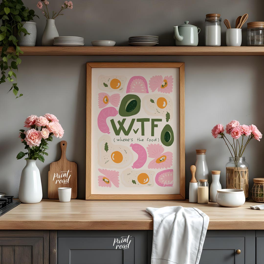 This whimsical and humorous poster features the bold, green acronym "WTF" with the clever subtitle … for kitchen