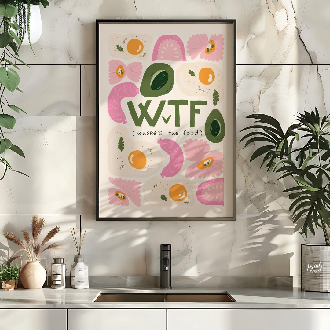 This whimsical and humorous poster features the bold, green acronym "WTF" with the clever subtitle … for kitchen