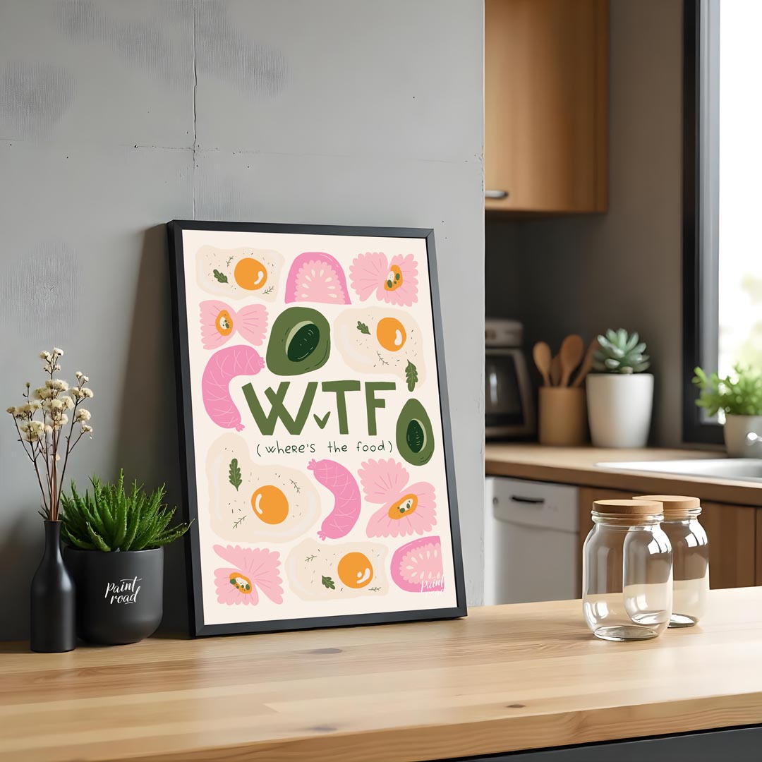 This whimsical and humorous poster features the bold, green acronym "WTF" with the clever subtitle … for kitchen