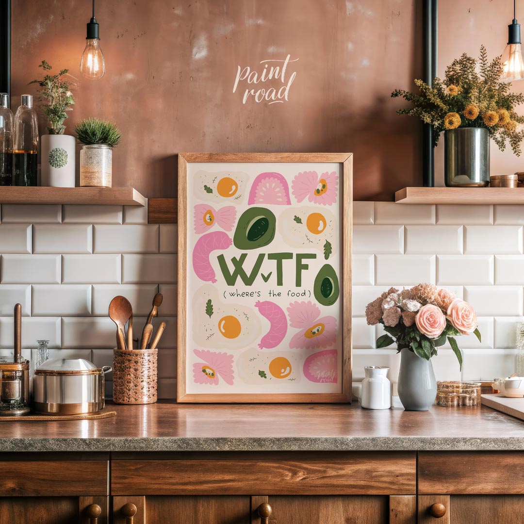This whimsical and humorous poster features the bold, green acronym "WTF" with the clever subtitle … for kitchen