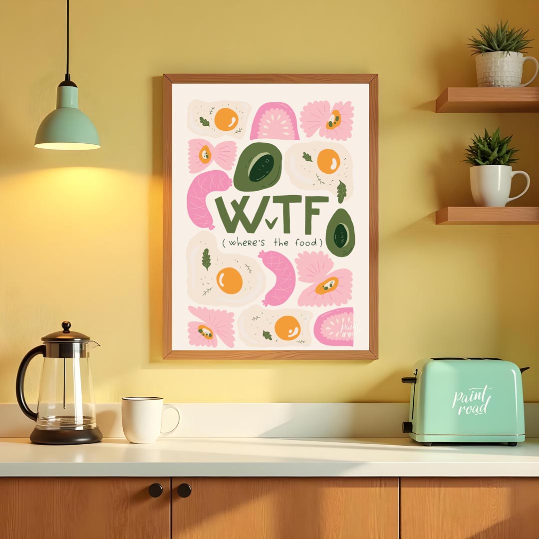 This whimsical and humorous poster features the bold, green acronym "WTF" with the clever subtitle … for kitchen