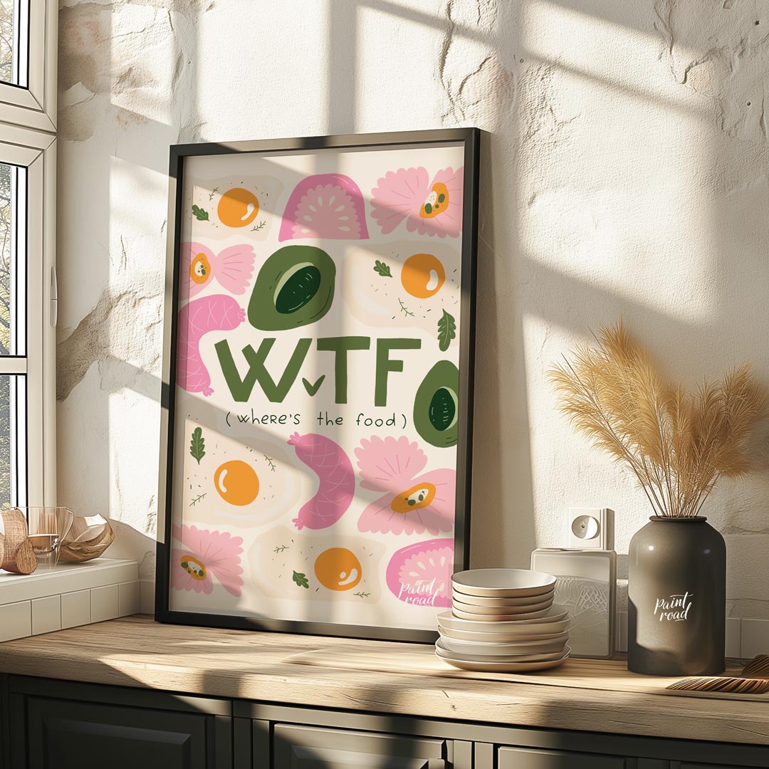 This whimsical and humorous poster features the bold, green acronym "WTF" with the clever subtitle … for kitchen