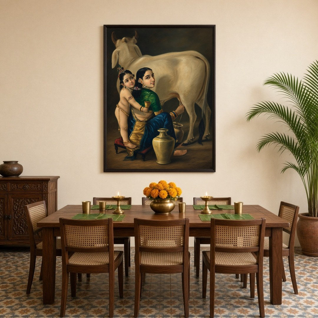 This exquisite artwork captures the tender mother-child bond between Yashoda and young Krishna, for Dining
