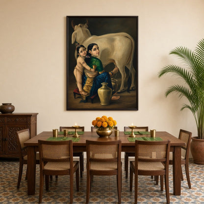 This exquisite artwork captures the tender mother-child bond between Yashoda and young Krishna, for Dining