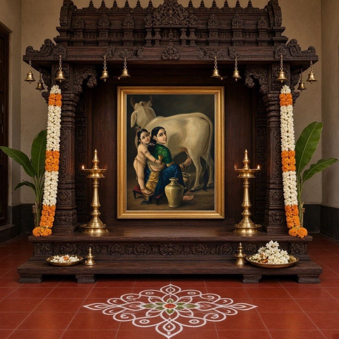 This exquisite artwork captures the tender mother-child bond between Yashoda and young Krishna, for Home Temple