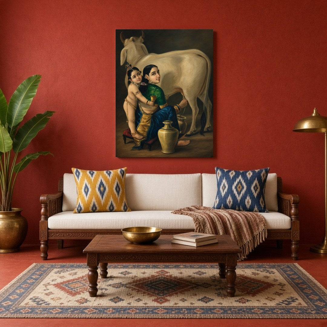 This exquisite artwork captures the tender mother-child bond between Yashoda and young Krishna, for Living Room