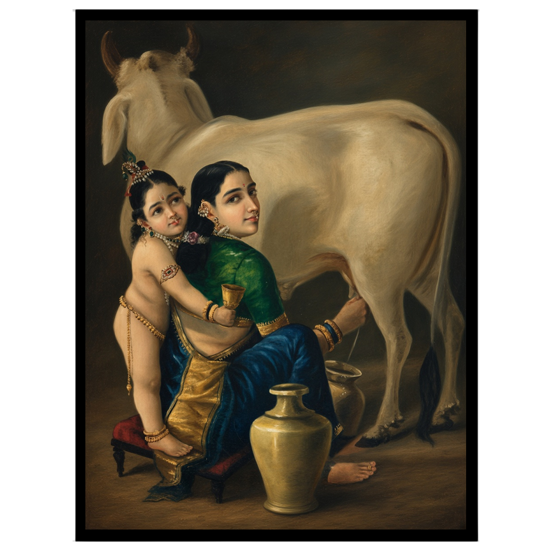 This exquisite artwork captures the tender mother-child bond between Yashoda and young Krishna, for place