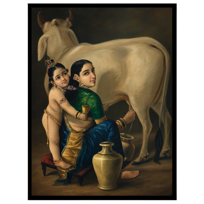This exquisite artwork captures the tender mother-child bond between Yashoda and young Krishna, for place