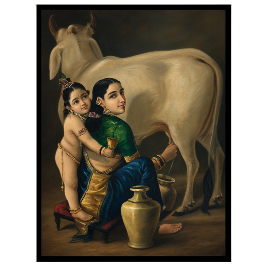 This exquisite artwork captures the tender mother-child bond between Yashoda and young Krishna, for place