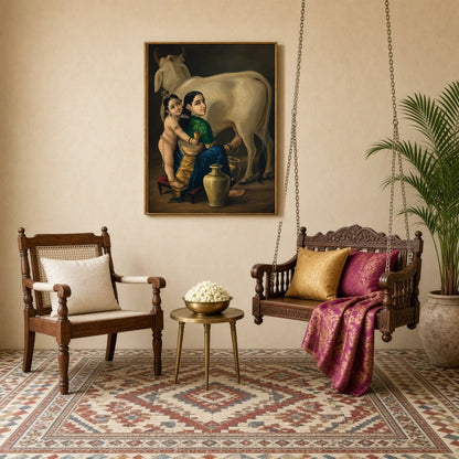 This exquisite artwork captures the tender mother-child bond between Yashoda and young Krishna, for Sitting Lounge