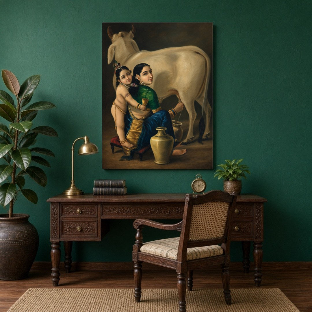 This exquisite artwork captures the tender mother-child bond between Yashoda and young Krishna, for Study