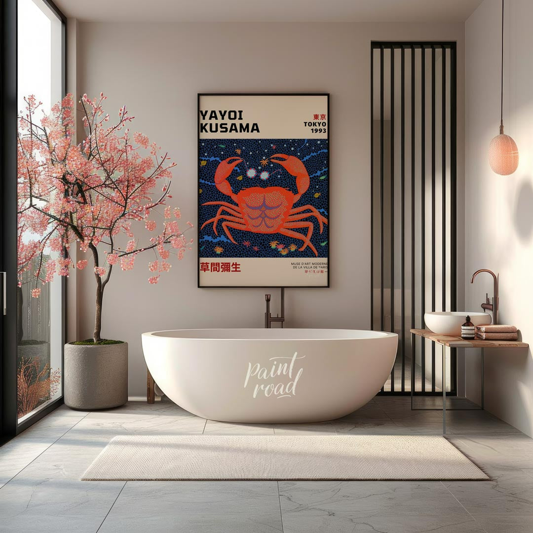 This striking art print is an exhibition poster for Yayoi Kusama’s “Tokyo 1993” show, featuring her… for bathroom