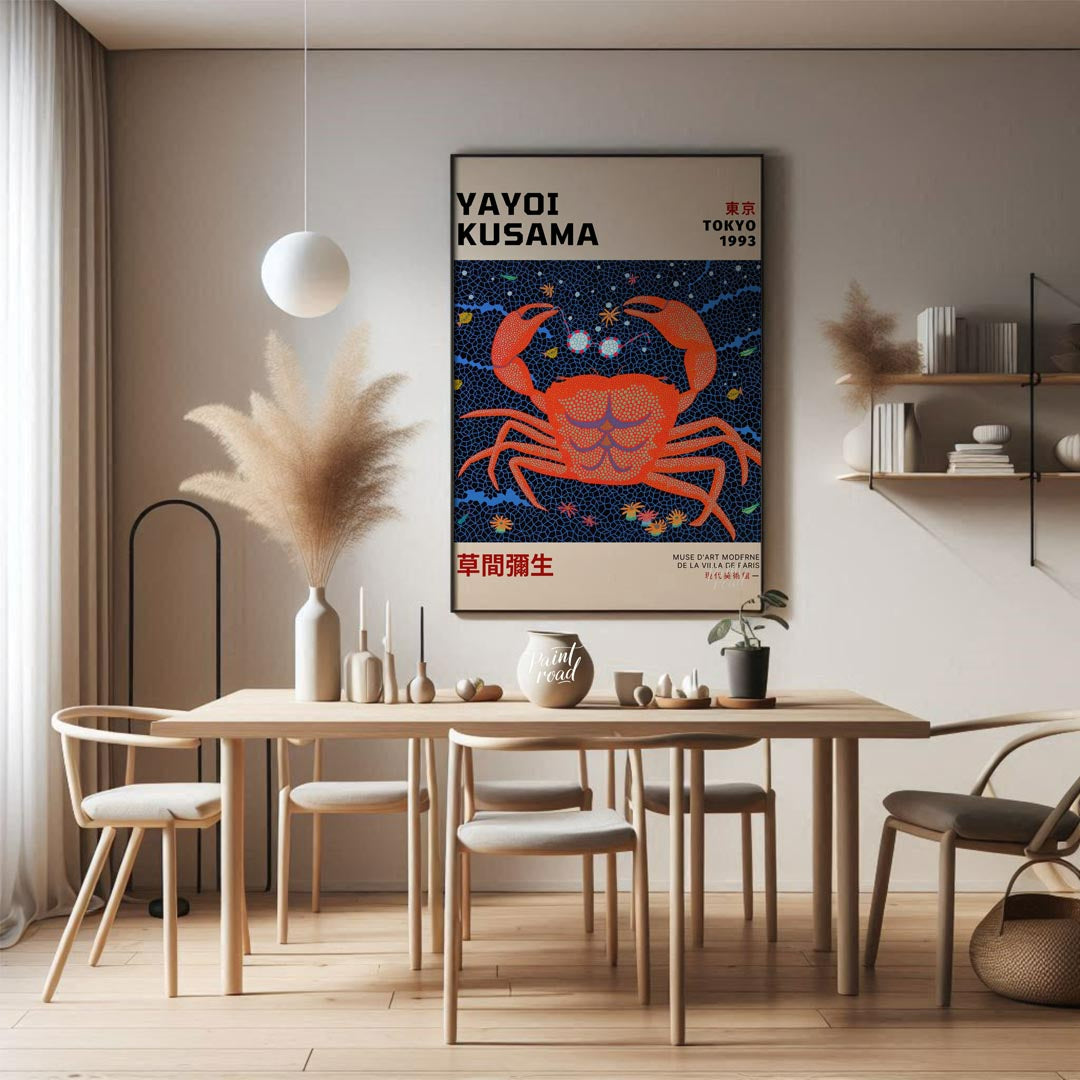 This striking art print is an exhibition poster for Yayoi Kusama’s “Tokyo 1993” show, featuring her… for dining room