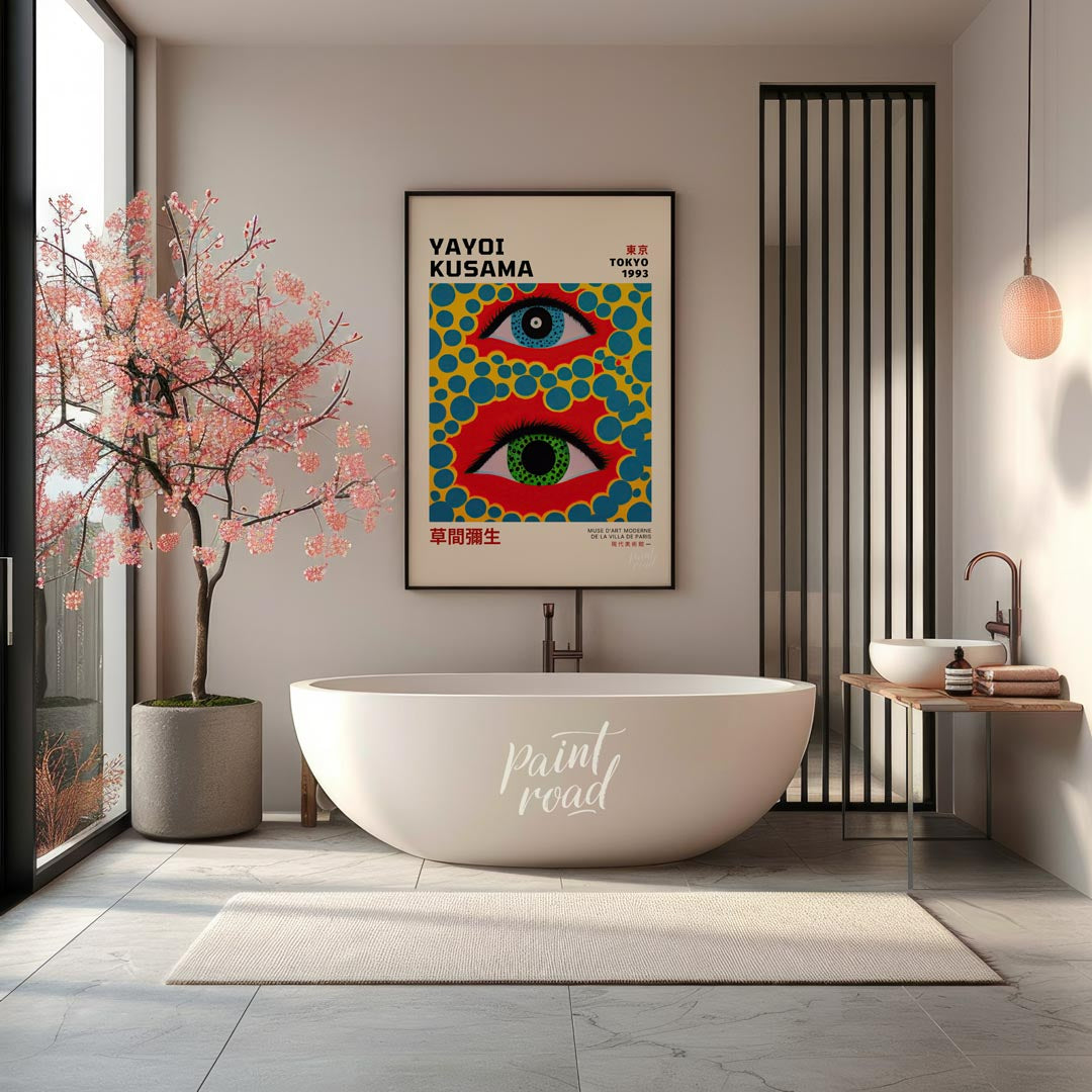 This captivating art print serves as an exhibition poster for Yayoi Kusama’s “Tokyo 1993” show, fea… for bathroom