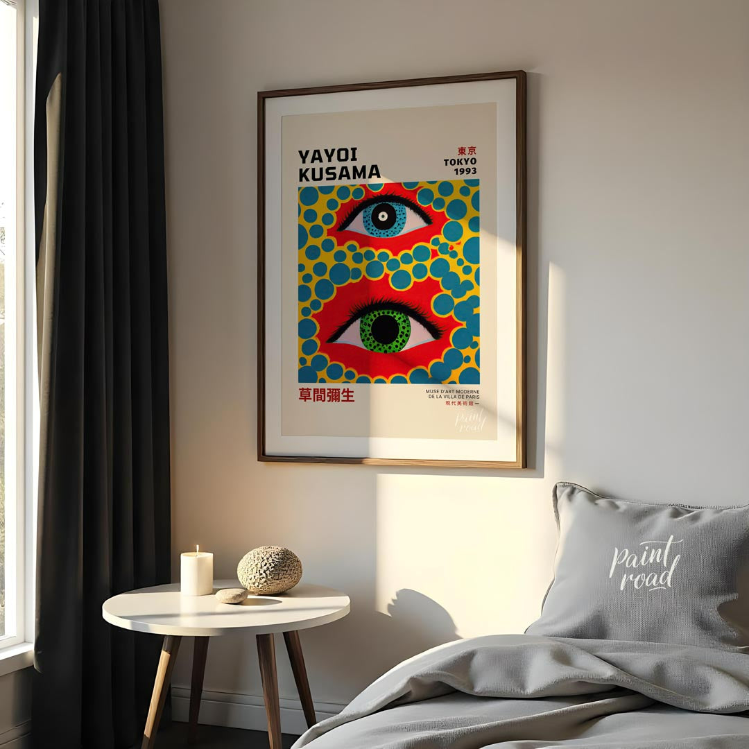 This captivating art print serves as an exhibition poster for Yayoi Kusama’s “Tokyo 1993” show, fea… for bedroom