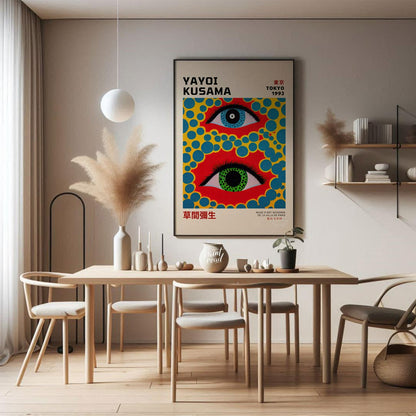 This captivating art print serves as an exhibition poster for Yayoi Kusama’s “Tokyo 1993” show, fea… for dining room