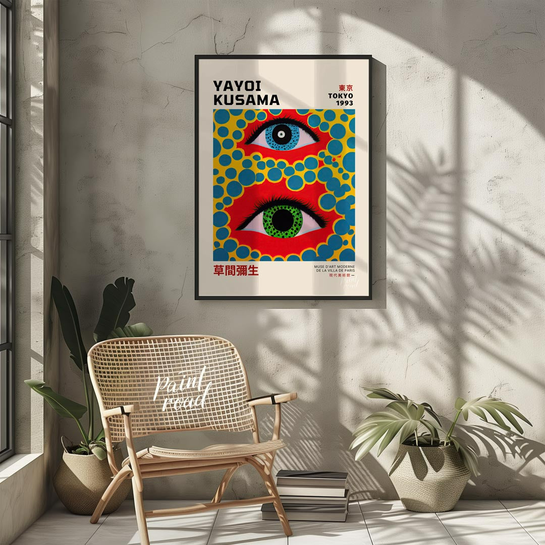 This captivating art print serves as an exhibition poster for Yayoi Kusama’s “Tokyo 1993” show, fea… for living room