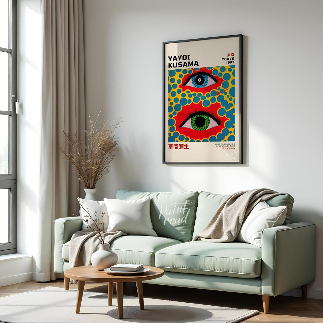 This captivating art print serves as an exhibition poster for Yayoi Kusama’s “Tokyo 1993” show, fea… for living room
