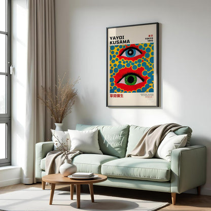 This captivating art print serves as an exhibition poster for Yayoi Kusama’s “Tokyo 1993” show, fea… for living room
