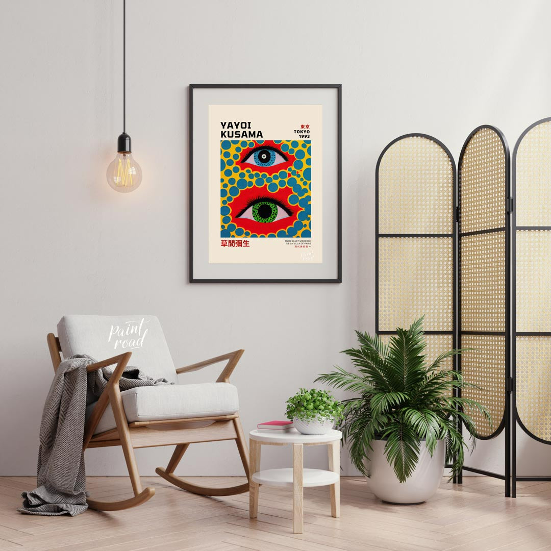 This captivating art print serves as an exhibition poster for Yayoi Kusama’s “Tokyo 1993” show, fea… for living room