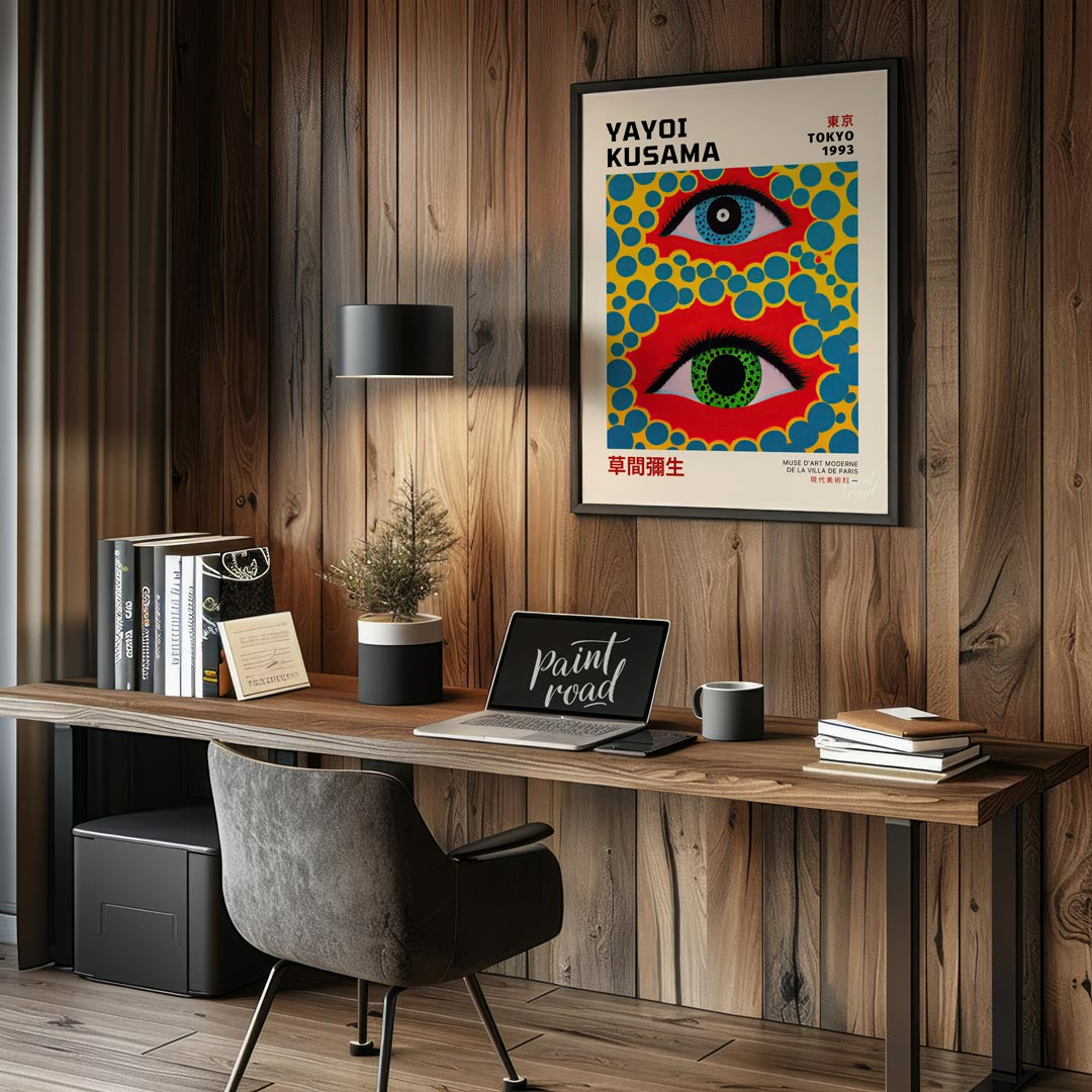 This captivating art print serves as an exhibition poster for Yayoi Kusama’s “Tokyo 1993” show, fea… for office