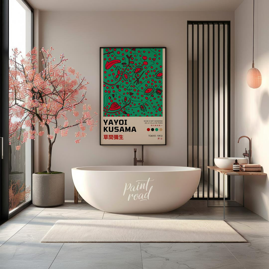 This compelling art print is an official poster for a Yayoi Kusama exhibition in Tokyo, 1993, showc… for bathroom