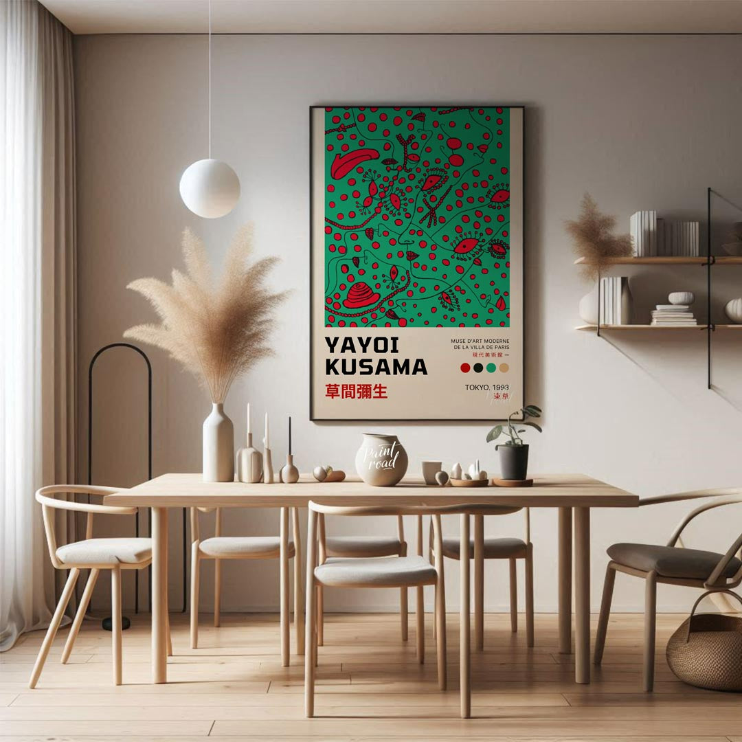This compelling art print is an official poster for a Yayoi Kusama exhibition in Tokyo, 1993, showc… for dining room