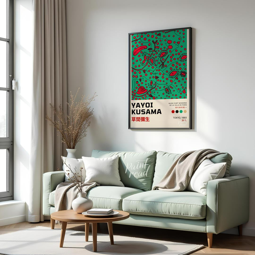 This compelling art print is an official poster for a Yayoi Kusama exhibition in Tokyo, 1993, showc… for living room