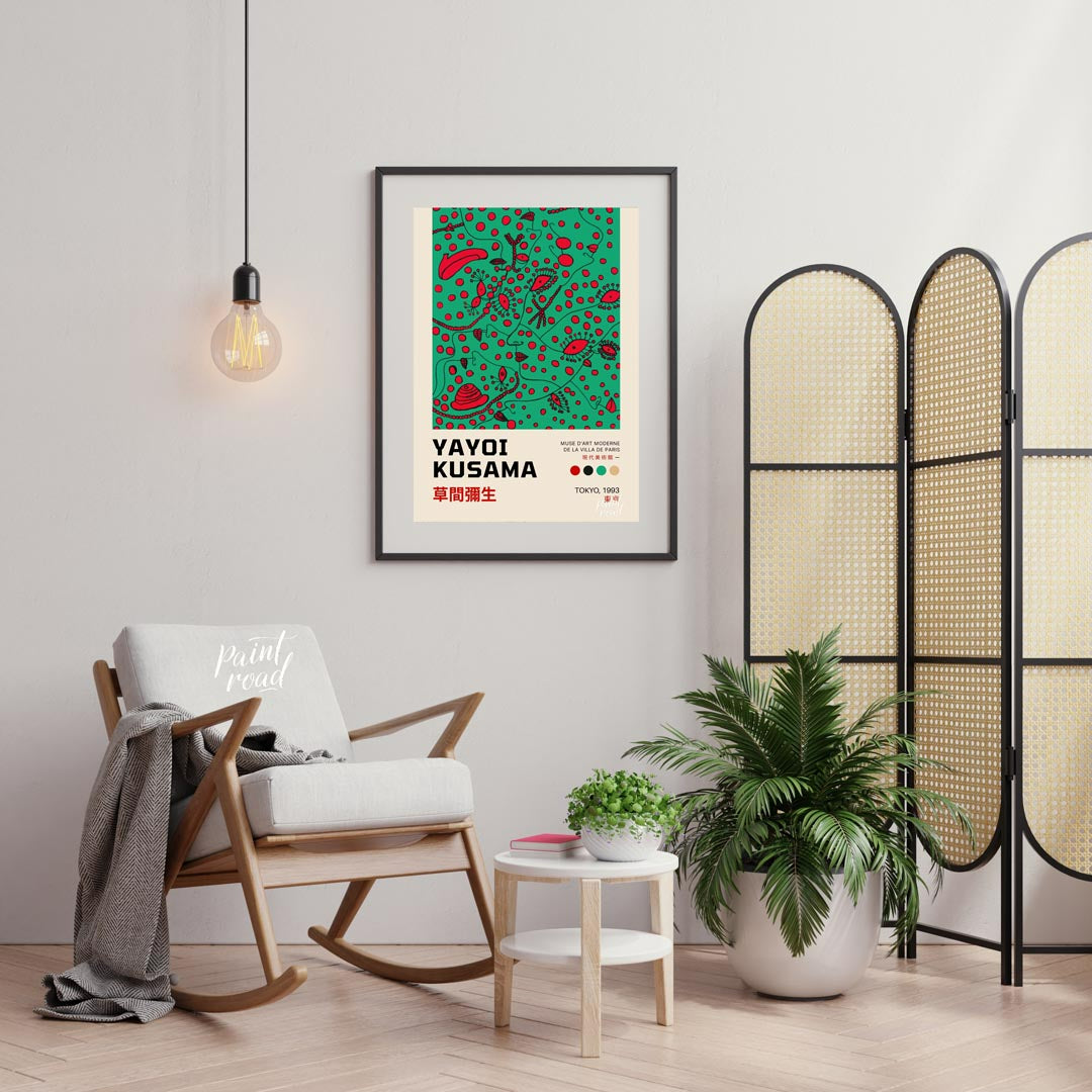 This compelling art print is an official poster for a Yayoi Kusama exhibition in Tokyo, 1993, showc… for living room