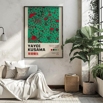 This compelling art print is an official poster for a Yayoi Kusama exhibition in Tokyo, 1993, showc… for living room