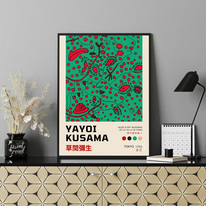 This compelling art print is an official poster for a Yayoi Kusama exhibition in Tokyo, 1993, showc… for office