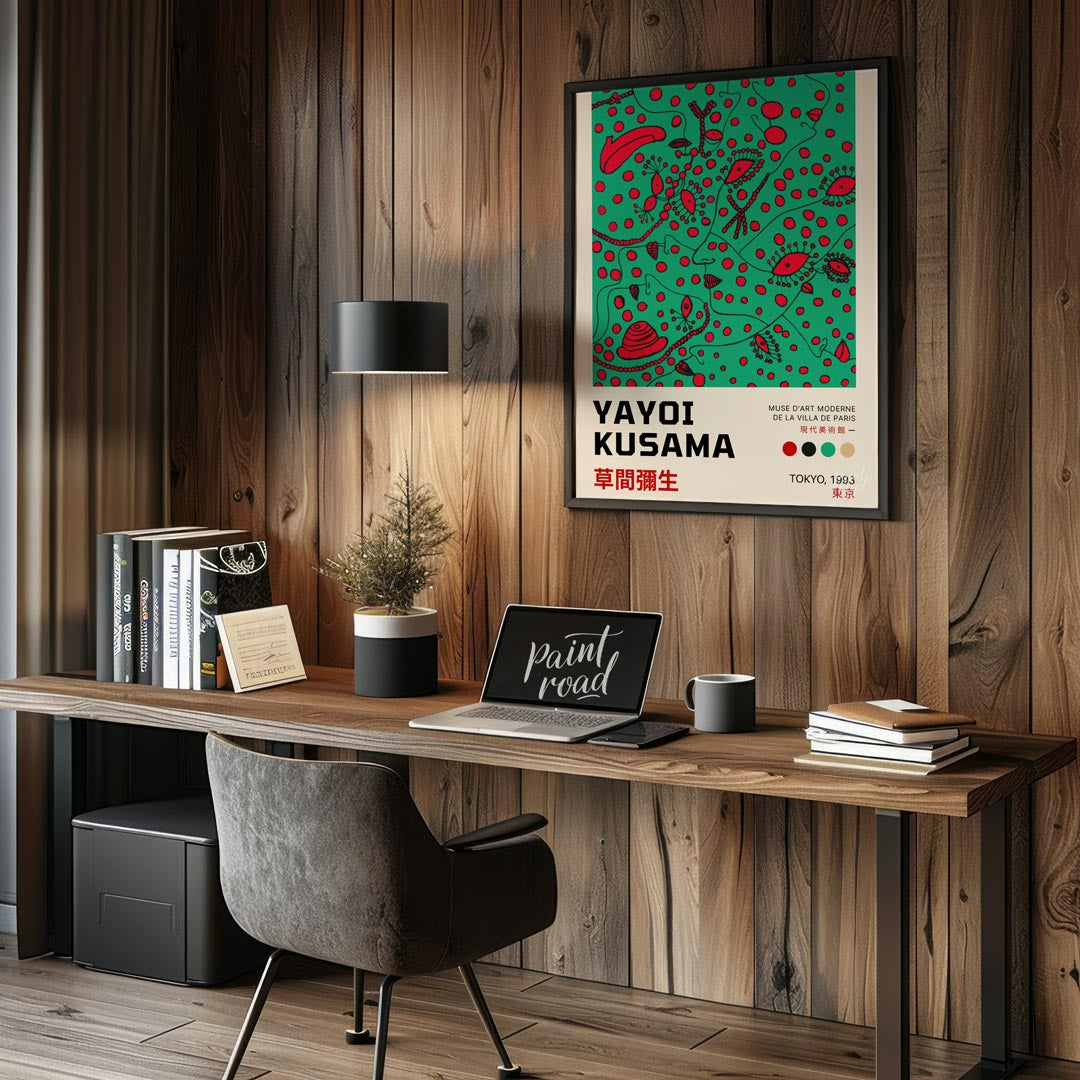 This compelling art print is an official poster for a Yayoi Kusama exhibition in Tokyo, 1993, showc… for office