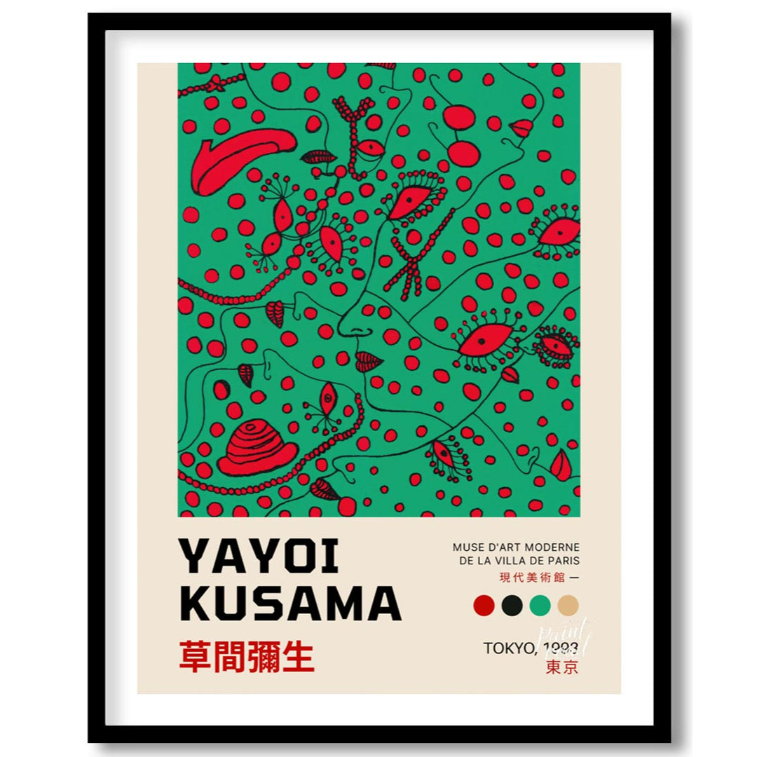 This compelling art print is an official poster for a Yayoi Kusama exhibition in Tokyo, 1993, showc… for space