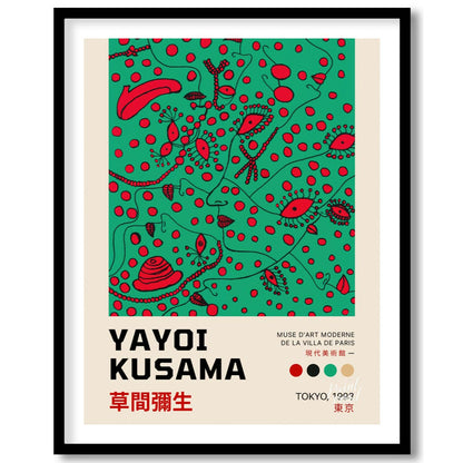 This compelling art print is an official poster for a Yayoi Kusama exhibition in Tokyo, 1993, showc… for space