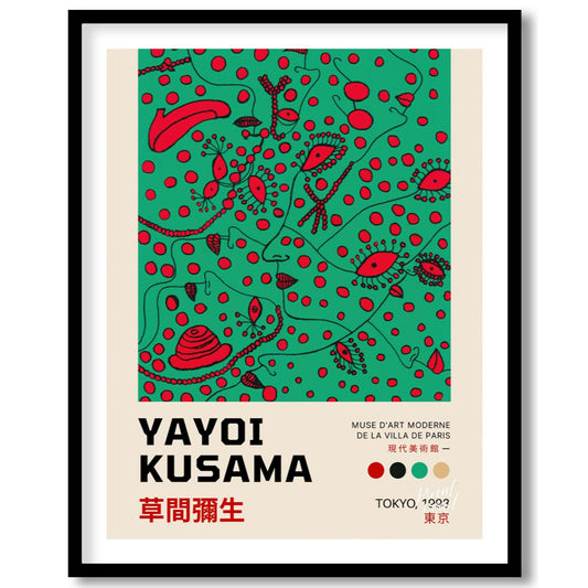 This compelling art print is an official poster for a Yayoi Kusama exhibition in Tokyo, 1993, showc… for space