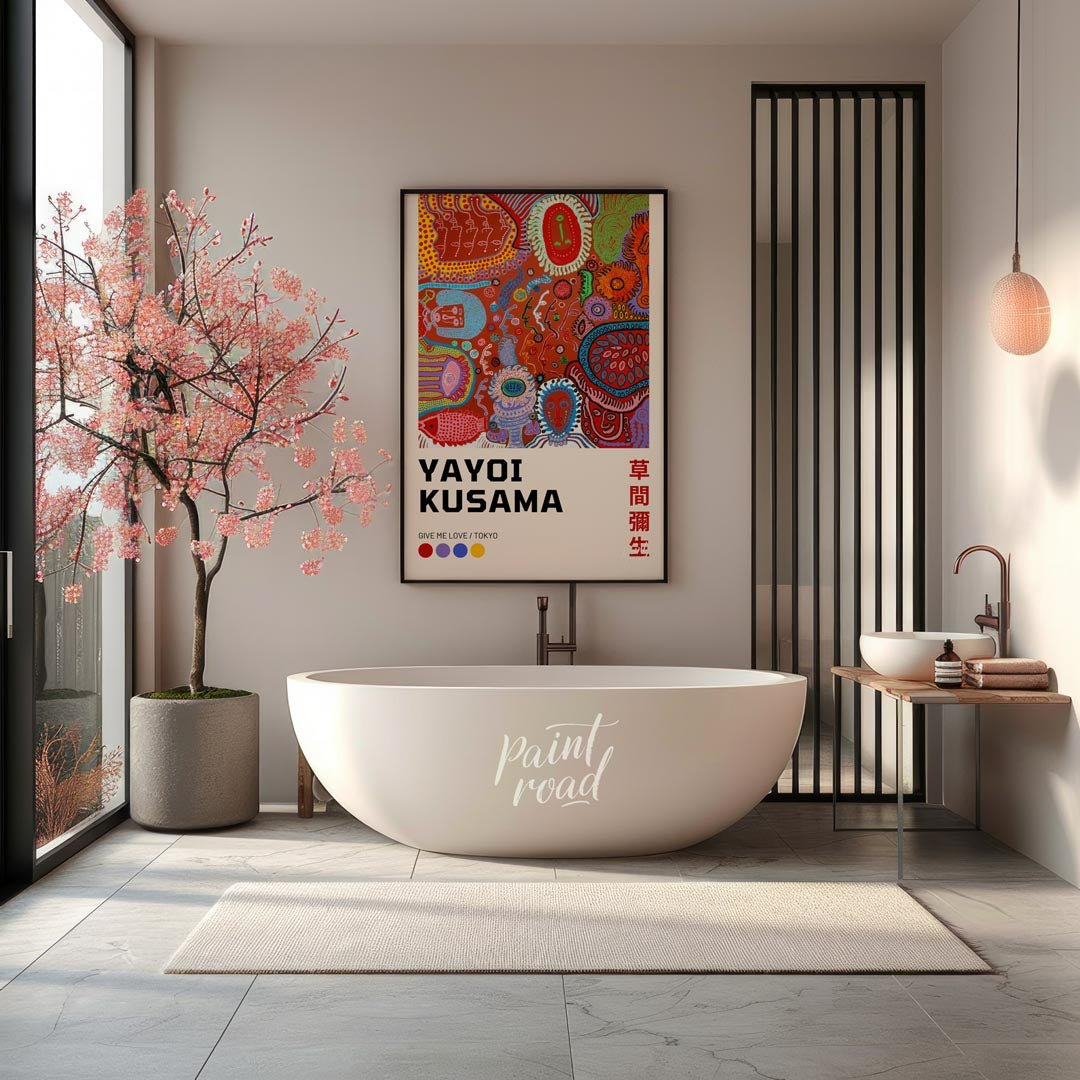 This captivating art print showcases a vibrant and complex piece from Yayoi Kusama’s “My Eternal So… for bathroom