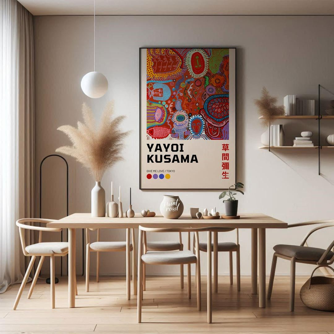 This captivating art print showcases a vibrant and complex piece from Yayoi Kusama’s “My Eternal So… for dining room
