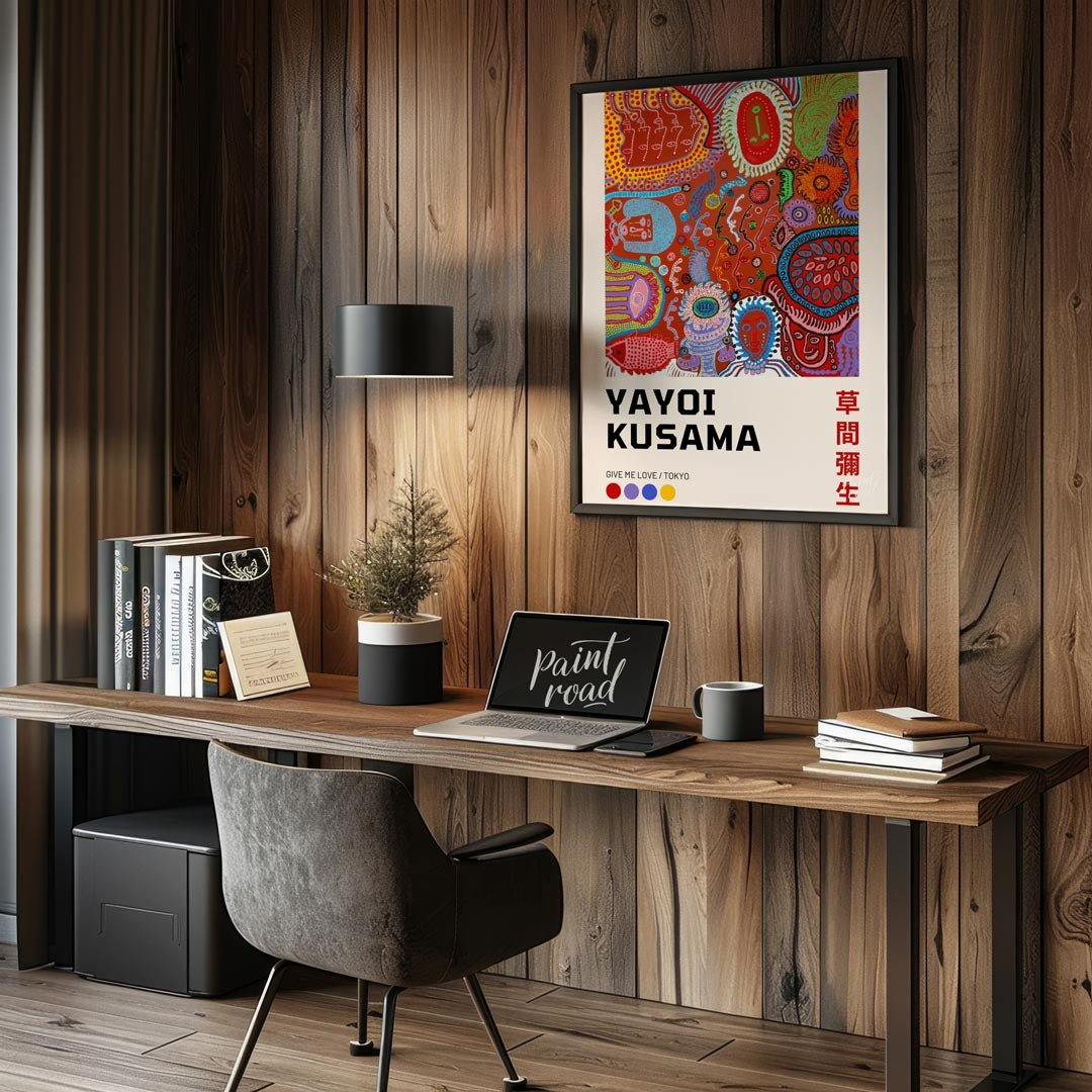 This captivating art print showcases a vibrant and complex piece from Yayoi Kusama’s “My Eternal So… for office