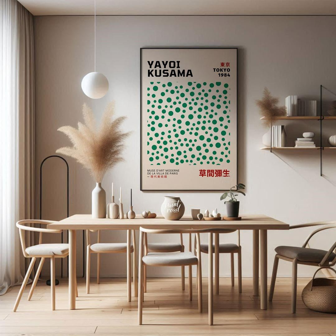 Celebrate the playful genius of Yayoi Kusama with this iconic exhibition poster, advertising her “T… for dining room