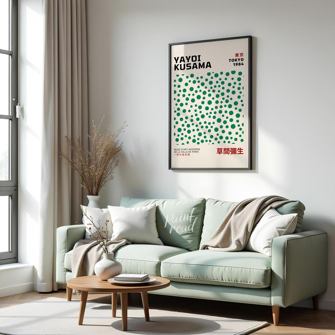 Celebrate the playful genius of Yayoi Kusama with this iconic exhibition poster, advertising her “T… for living room