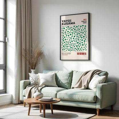 Celebrate the playful genius of Yayoi Kusama with this iconic exhibition poster, advertising her “T… for living room