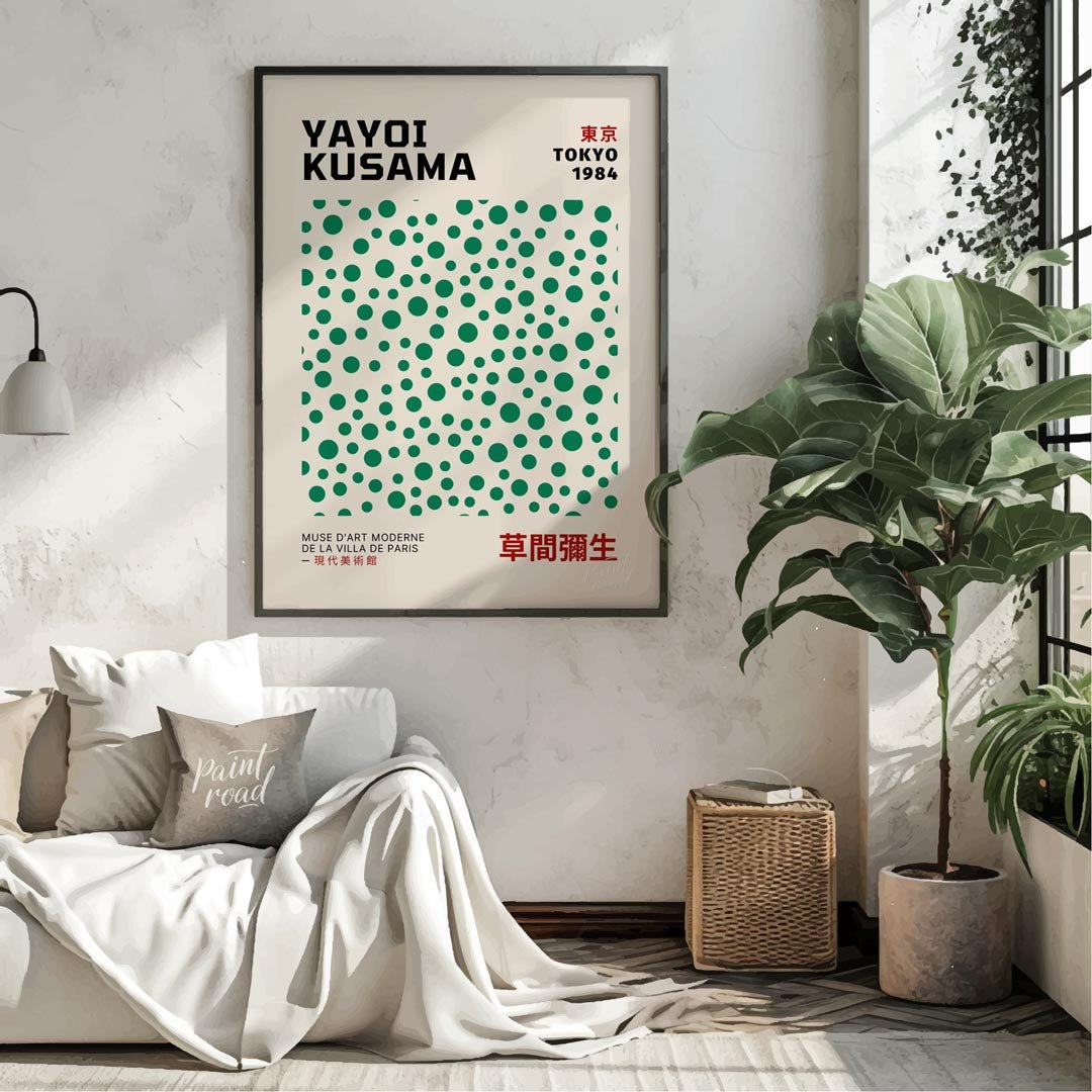 Celebrate the playful genius of Yayoi Kusama with this iconic exhibition poster, advertising her “T… for living room