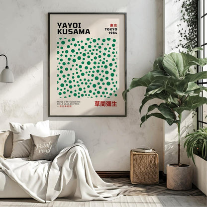 Celebrate the playful genius of Yayoi Kusama with this iconic exhibition poster, advertising her “T… for living room